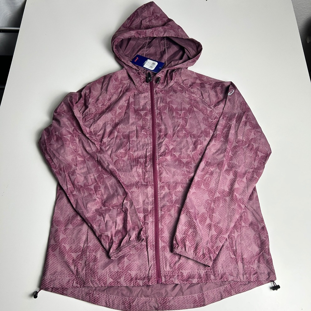 Asics Womens Packable Jacket XL Mauve Purple Print Windbreaker Hooded 2012A402